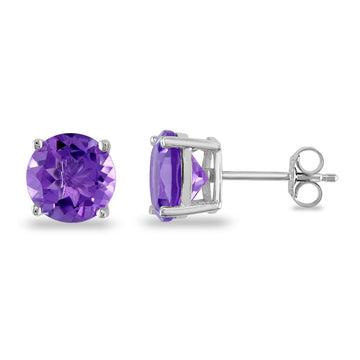 Butterfly Prong Round Casting Simulated Amethyst CZ Stud Earrings 925 Sterling Silver